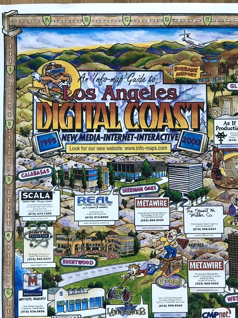 Los Angeles DIGITAL COAST 1998 Poster Map VINTAGE- LARGE- COLORFUL - Microsoft