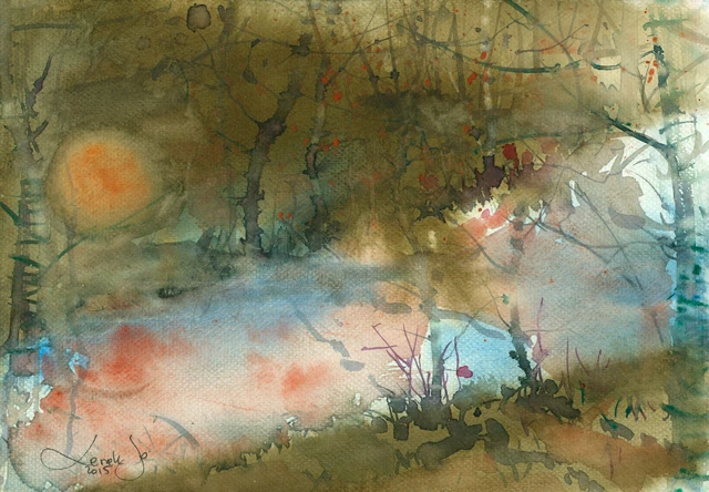 pintura de acuarela aquarelle Imagen original (30x21) cm0142 PL Landschaft