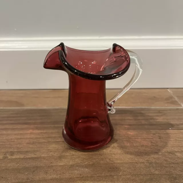 Vintage Kanawha Cranberry Glass Pitcher with Clear Applied Handle 4" Tall