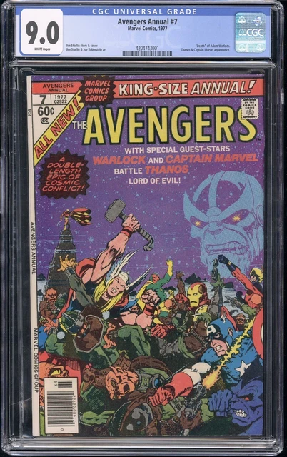Avengers Annual #7 CGC 9.0 VF/NM W Warlock dies|Thanos key 1977 Marvel Comics
