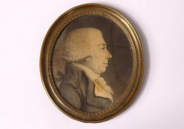 Miniature Oval Ink Portrait Gentleman Wig 19th Century