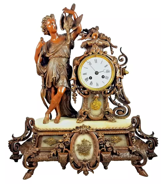 ANTIQUE Neoclassicism French Kaminuh Figure Clock Bronze 1876 Samuel Marti
