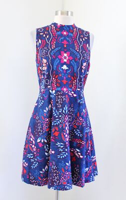 Eva Mendes NY & Co Blue Jacquard Fit and Flare Printed Dress Size 2 Red Pink