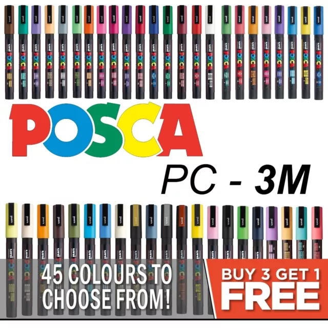 Uni Posca PC-3M Paint Marker Pens - Set Of 4 Fine Tip (Black, White, Silver, Gold)