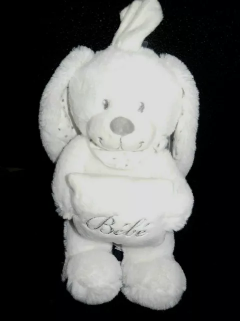 doudou peluche musicale lapin blanc + coussin Bébé pois gris beige POMMETTE