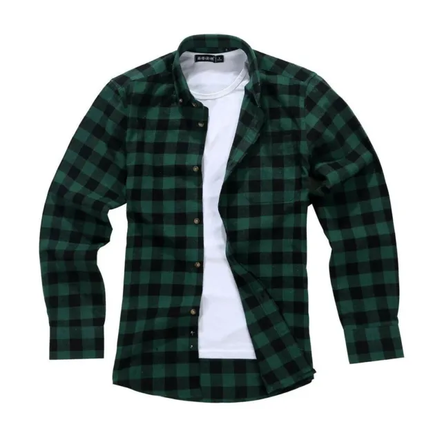 Mens Flannel Casual Shirt Tartan Lumberjack Vintage Green Black Plaid, SML -3XL