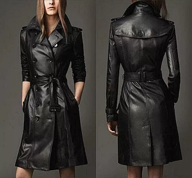 New Women's Genuine Leather Pure Soft Lambskin Long Overcoat Trench Coat Jacket