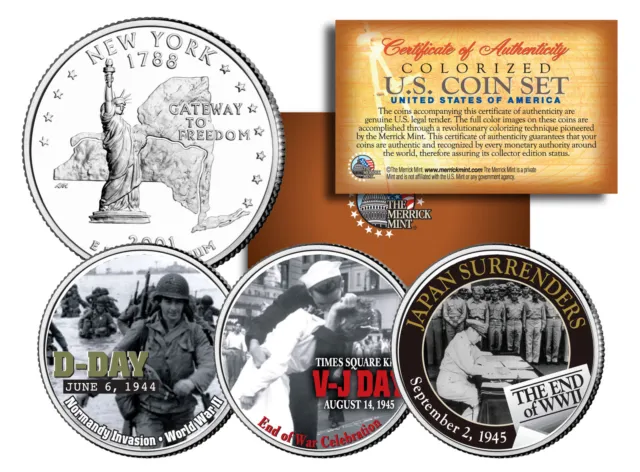 WORLD WAR II 3-Coin Set NY Statehood US Quarters * D-DAY * V-J DAY * End of WWII