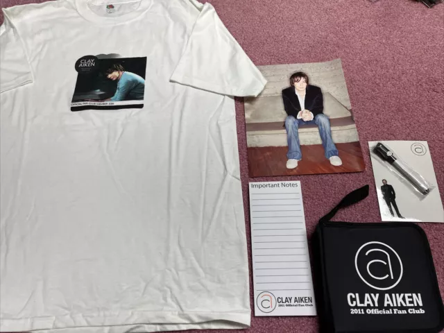 Official Clay Aiken fan club T shirt, cd case, note pad, magnet marker, photo