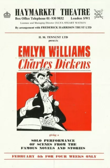 1975 HAYMARKET THEATRE Flier: EMLYN WILLIAMS as CHARLES DICKENS!