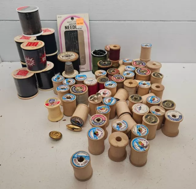 Vintage Wooden Thread Spools Needles Thimble NIP Thread Crafting Lot 40+