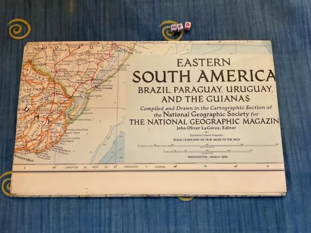 Retro Vintage Map of Eastern South America , Large , National Geographic, 1955