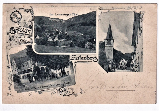 AK GUTENBERG /Essl.1898,Gasthof z.Löwen/Post,Bes.Gg.Fuchs Briefm.gest.24.10.1898