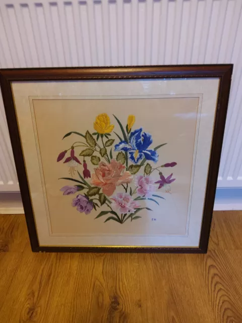 Vintage Embroidered Tapestry Picture. Birds And Flowers. Framed.