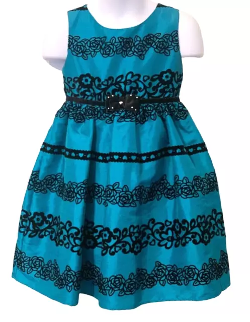 Sweet Heart Rose Girls Party Dress Size 4T Teal Black Floral Lined