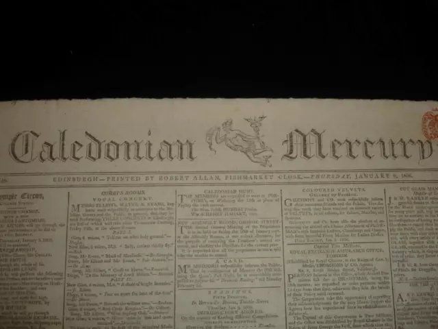 1806 Caledonian Mercury Antik Zeitung Lord Nelson Interesse Zirkus Werbeanzeige