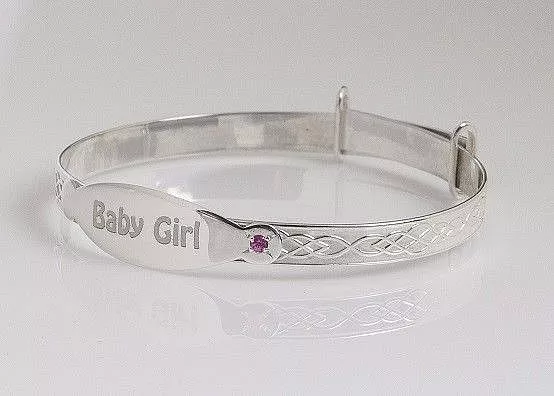 Silver ID Bracelet Bangle Girl Engraved Gem Adjustable Baby Shower Gift Baptism