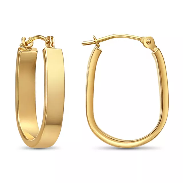 14K Real Solid Gold Shiny Polished Flat Round Tube Oval U-Shape Hoop Earrings