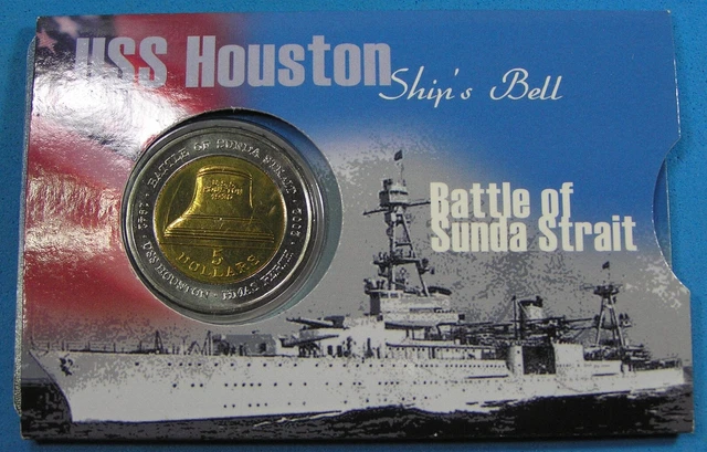 Australia $5 Dollars Bi-metallic Coin, 2002 UNC, WWII USS Houston Ship's Bell