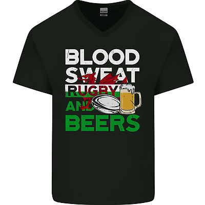 Blood Sweat Rugby and Beers Wales Funny Mens V-Neck Cotton T-Shirt
