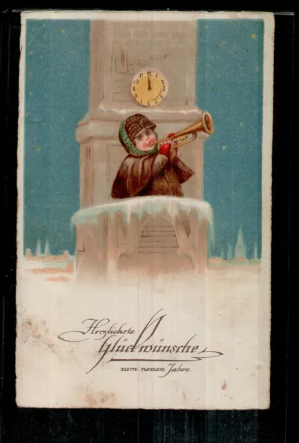 AK Neujahr Glückwunsch, Künstler, Turmbläser Uhr,   Kleinformat