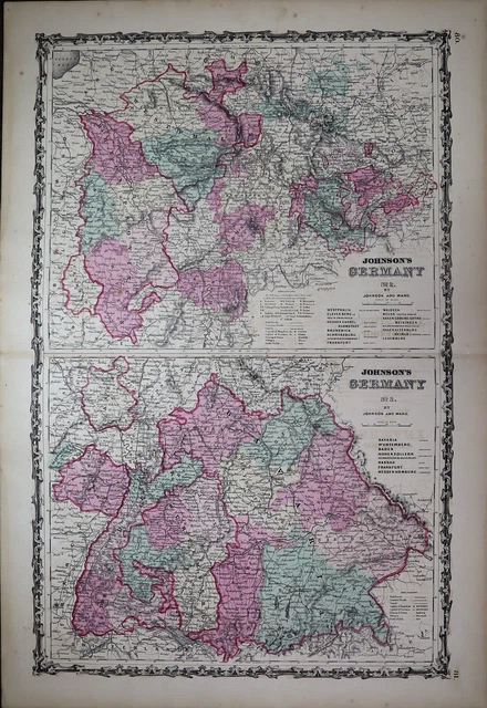 1862 Johnson's Atlas Map ~ GERMANY #2 & 3 ~ (XL18x28)   Free S&H  -#850