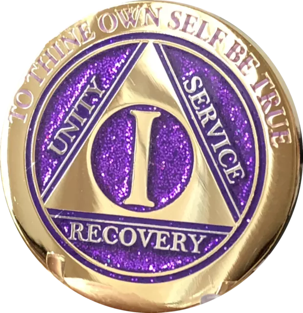 1 Year AA Medallion Elegant Glitter Purple Gold Plated Sobriety Chip Coin One