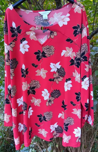Liz Claiborne 2X Plus Top Stretch Keyhole Floral Soft Blouse Shirt Red 3/4 Slvs