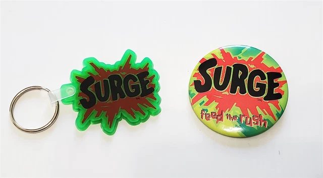 Vintage 1990's Surge Soda Pop Key Ring, Keychain, and Button Badge, Coca-Cola
