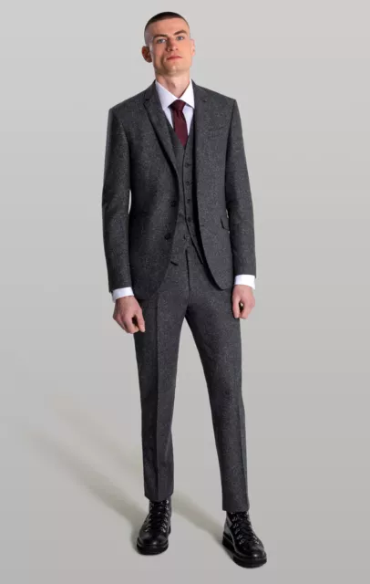 Mens Grey Tweed 3 Piece Suit Slim Fit Wool Vintage