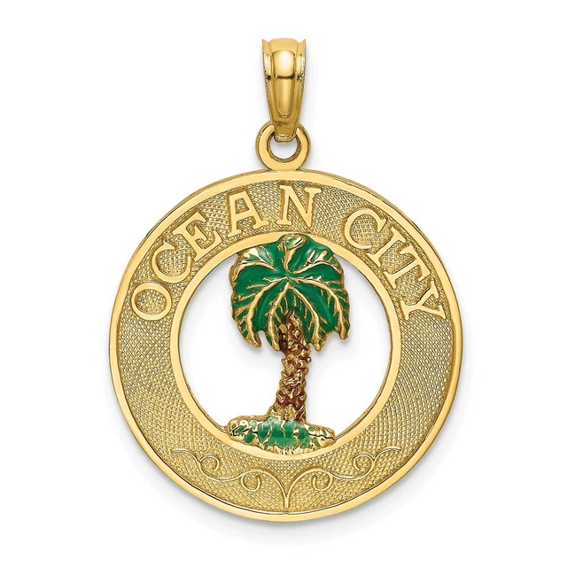 14K Yellow Gold Enameled Palm Tree OCEAN CITY Circle Charm