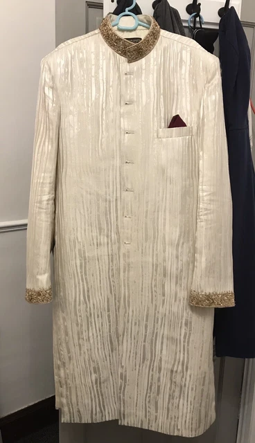 Abbigliamento uomo bianco con oro Hassan Shafiq su misura grande/XL matrimonio Sherwani