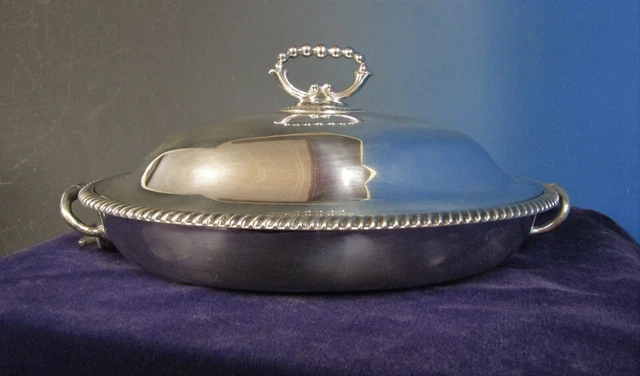 Antique Silverplate Covered Entree Warming Bowl Scotland Pierced Tray Inset