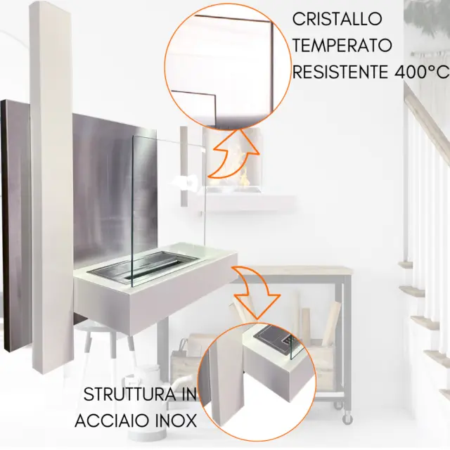 CAMINO BIOETANOLO DA PARETE STUFA BIOCAMIO 3,5kW CAMINETTO VETRO ACCIAIO 90m3 3