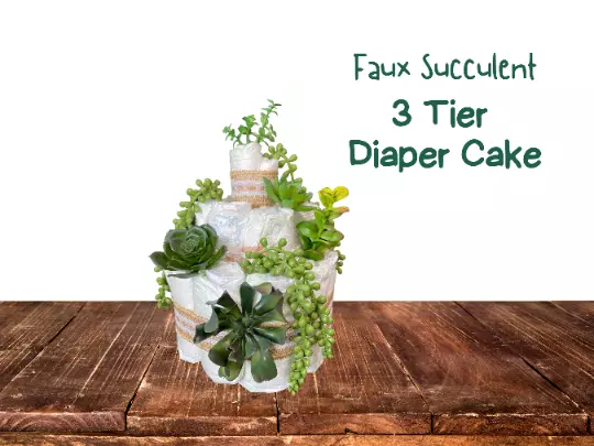 3 tier baby diaper cake -  baby shower centerpiece - succulent diaper cake