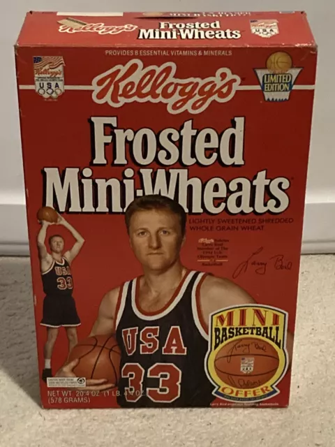 LARRY BIRD, Kellogg's Frosted Mini-Wheats Cereal Box, USA Olympics, 1990, Empty