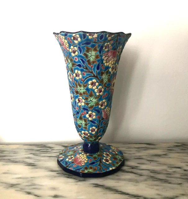 Vase Vintage Orange Motif Floral - Céramique - Hauteur 26 Cm - Déco Ancienne