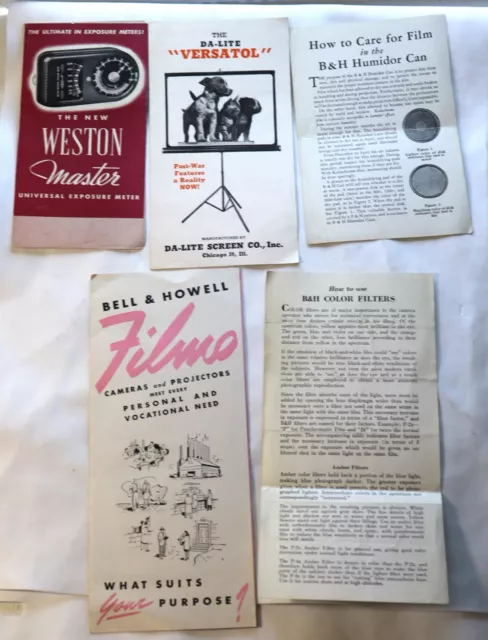 5 folletos manuales de colección de la década de 1940 fotografía de cámara filmación películas B&H Weston