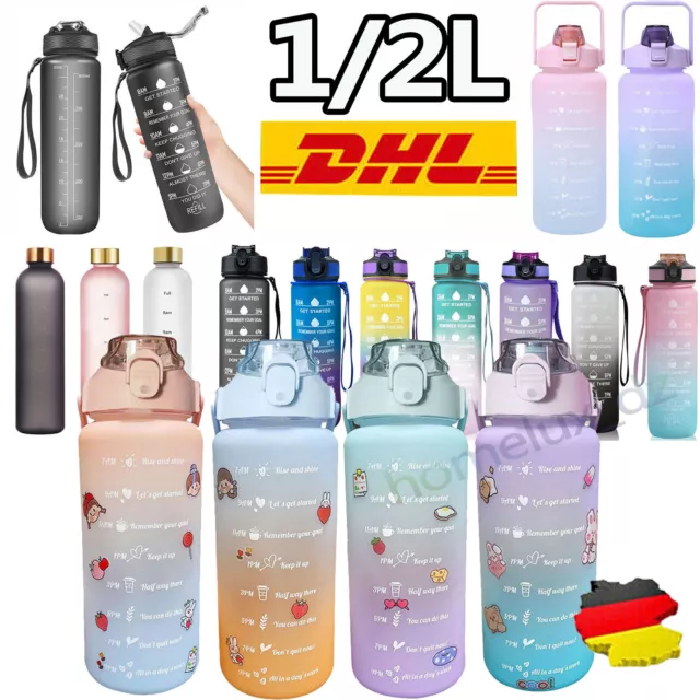 1L 2L Trinkflasche Sport Wasserflasche mit Strohhalm BPA frei Tasse Gym Bottle ~