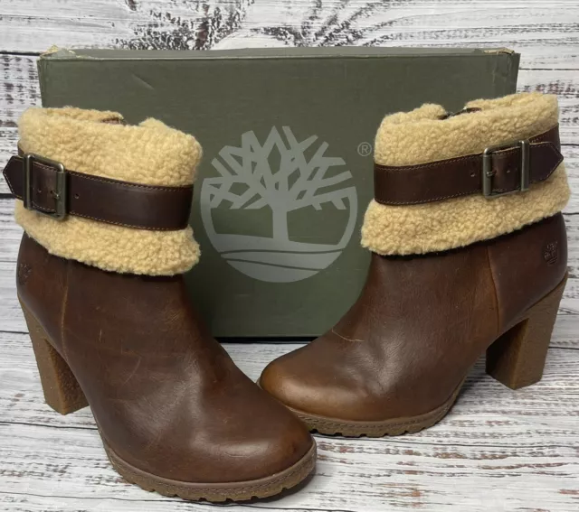 TIMBERLAND WOMENS SZ 7.5 Glancy Teddy Fleece Fold Down Boots Brown Leather A1A22 74.94 PicClick