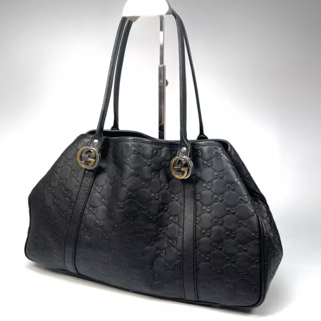 Gucci GG Ssima Interlocking Tote Bag Leather Black G9216 Gucci GG Ssima Interlocking Tote Bag Leather Black G9216