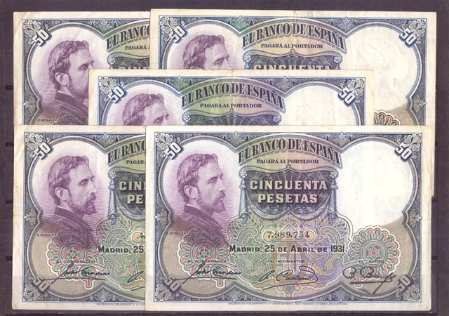 Spaiin-Banknote    Rare   Lot  5 Pcs  -50 Pesetas 1931- Vf