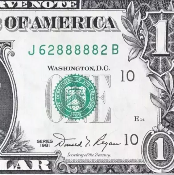 J 62888882 B : Five 8 's in a Row $1 One Dollar Bill
