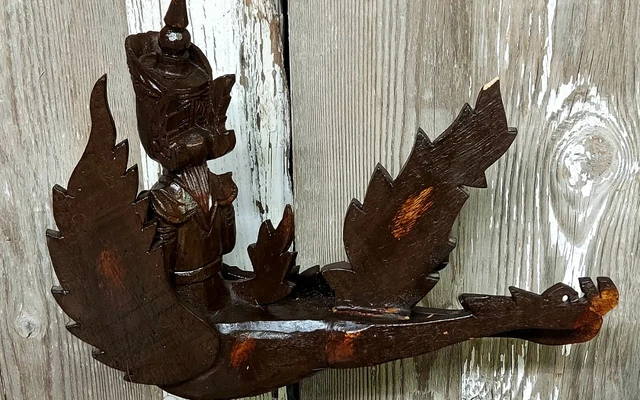Vtg Burmese Thai Carved Wood Kannara/i Nat Spirit Deity Sculpture on Wood Stand 5
