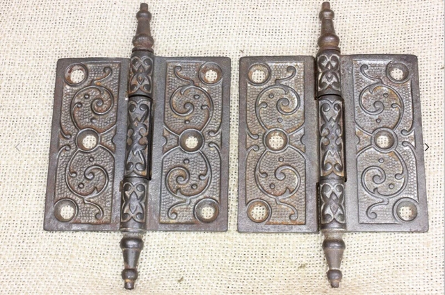 2 Old Door Hinges 3 1/2 X 3 1/2" Antique Steeple Top Clean Vintage Cast Iron Atl