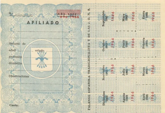 1965 Membership coupon of the Traditionalist Spanish Falange and the JONS