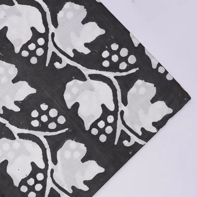 5 Yard Indian Cotton Hand Block Print Black Floral Beautiful Craft Fabric