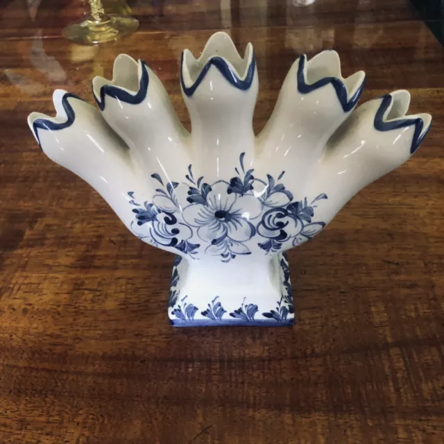 Vintage Hand Painted Five Finger Vase, Portugal, Blue & White