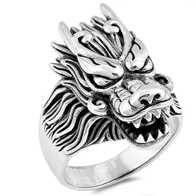 Dragon Large Heavy Men's Ring Sterling Silver Chinese New Year Band Sizes 7-13