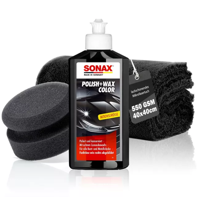 Auto Hand Politur Set SONAX Polish&Wax Schwarz 250ml + Polierschwamm + Tuch